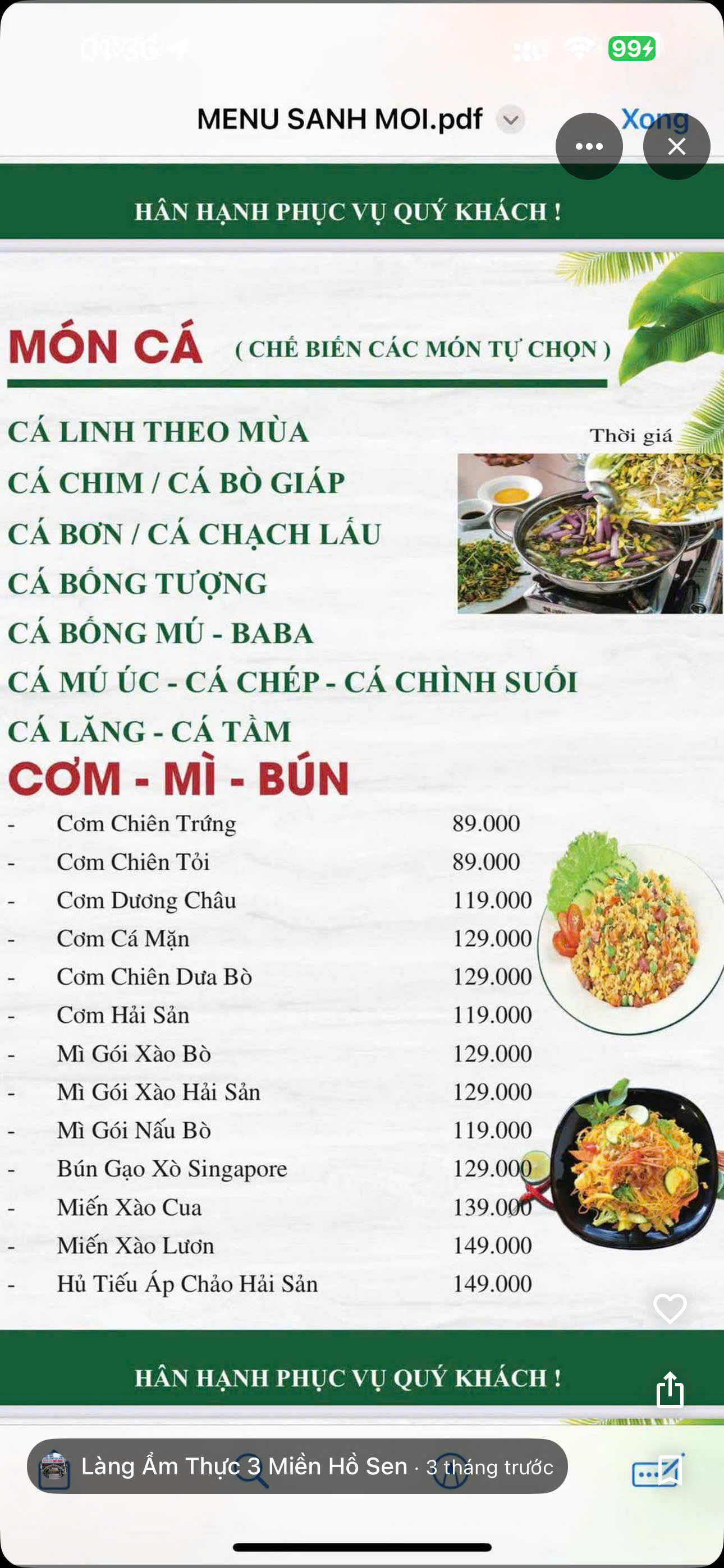 Bảng giá và thực đơn đa dạng tại Làng Ẩm Thực 3 Miền Hồ Sen