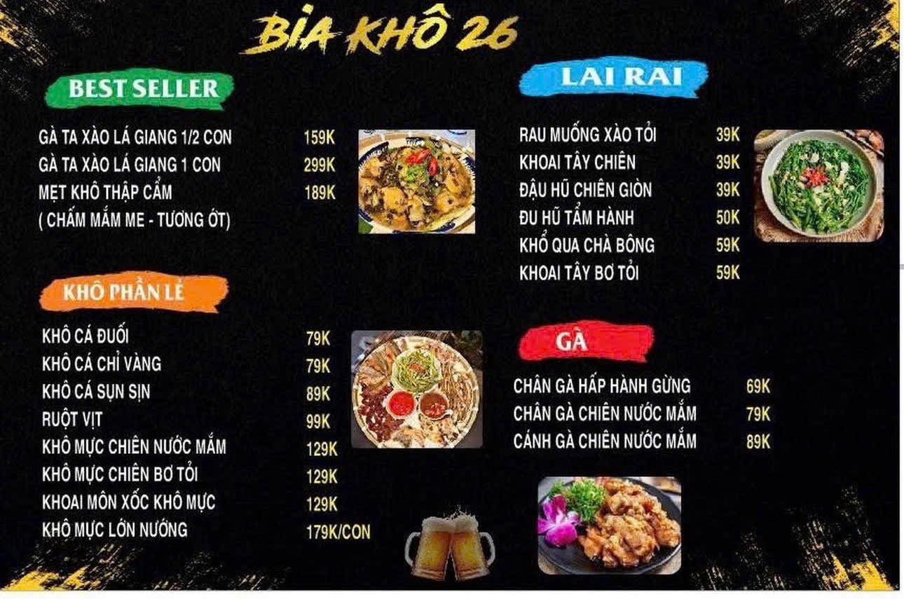 Thực đơn chi tiết kèm bảng giá bình dân tại quán Bia Khô 26 Picity