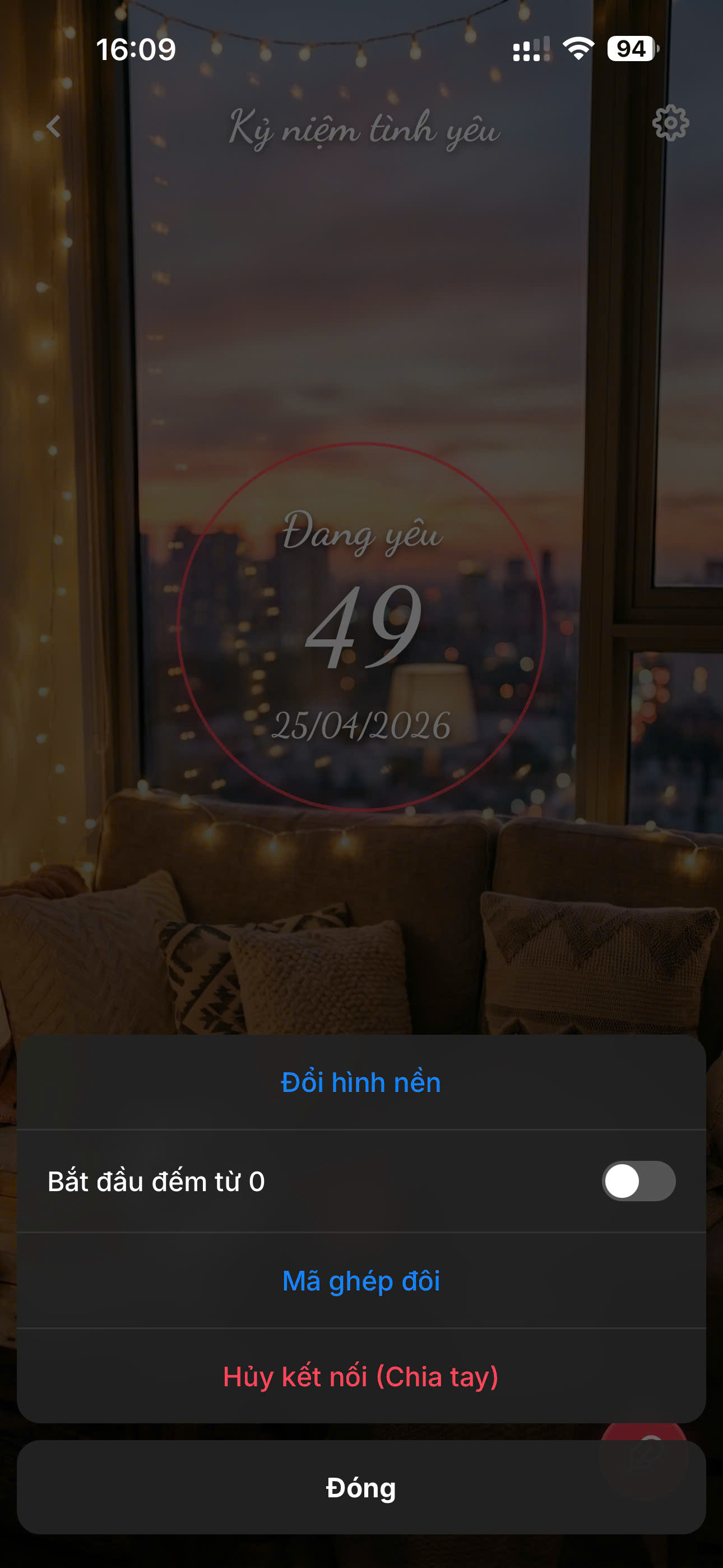 Menu cài đặt tiện ích đếm ngày yêu cho phép đổi hình nền và hủy kết nối