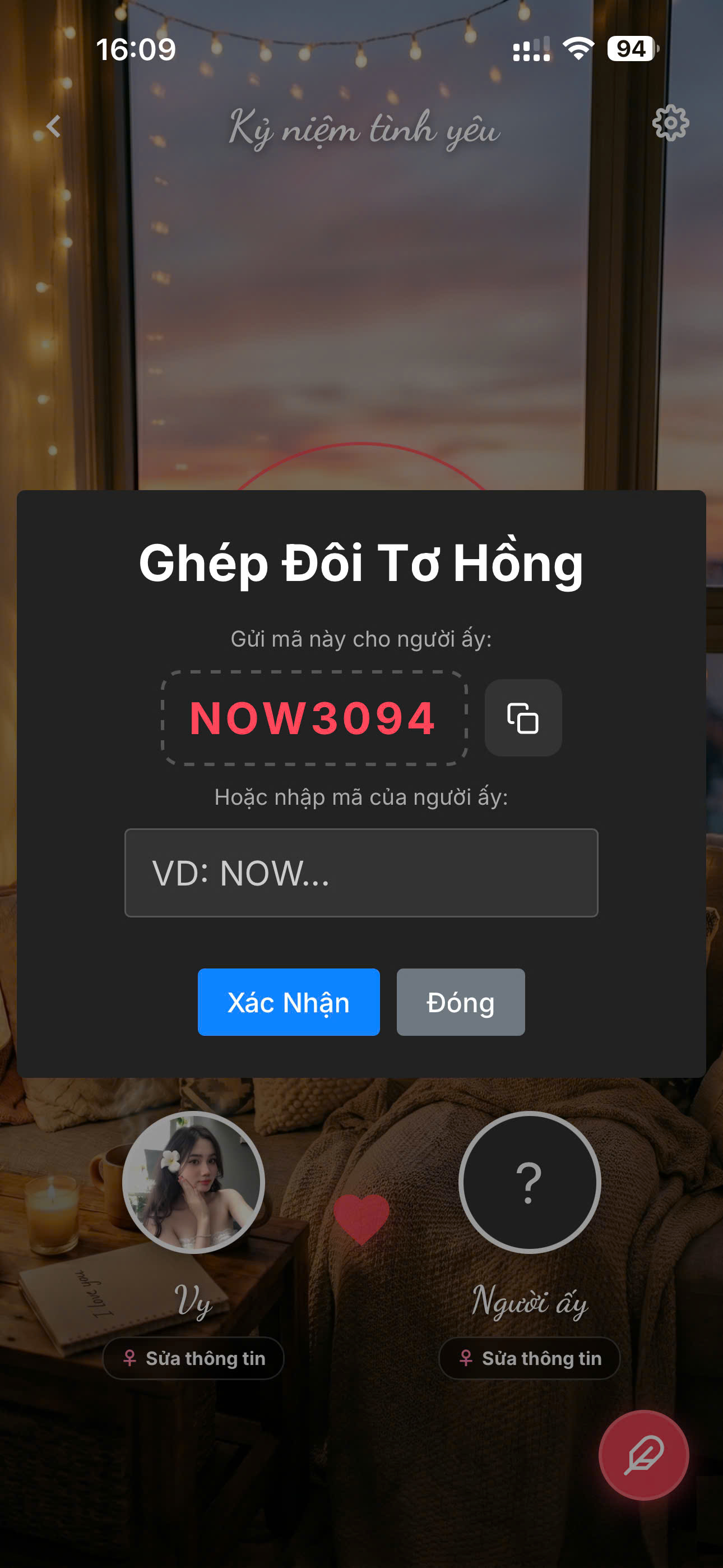Cửa sổ nhập mã ghép đôi Nowhenho giúp kết nối hai tài khoản nhanh chóng
