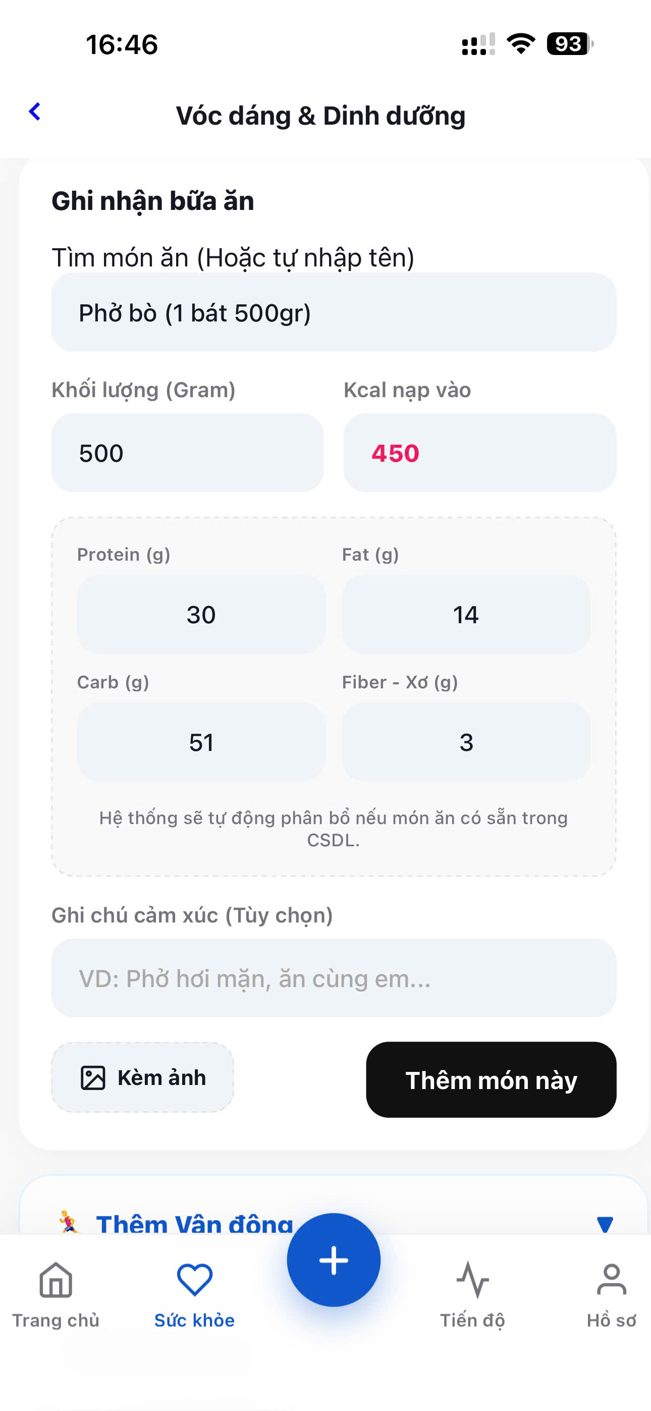 Màn hình tìm kiếm và ghi nhận lượng calo của món ăn chi tiết trên Nowhenho
