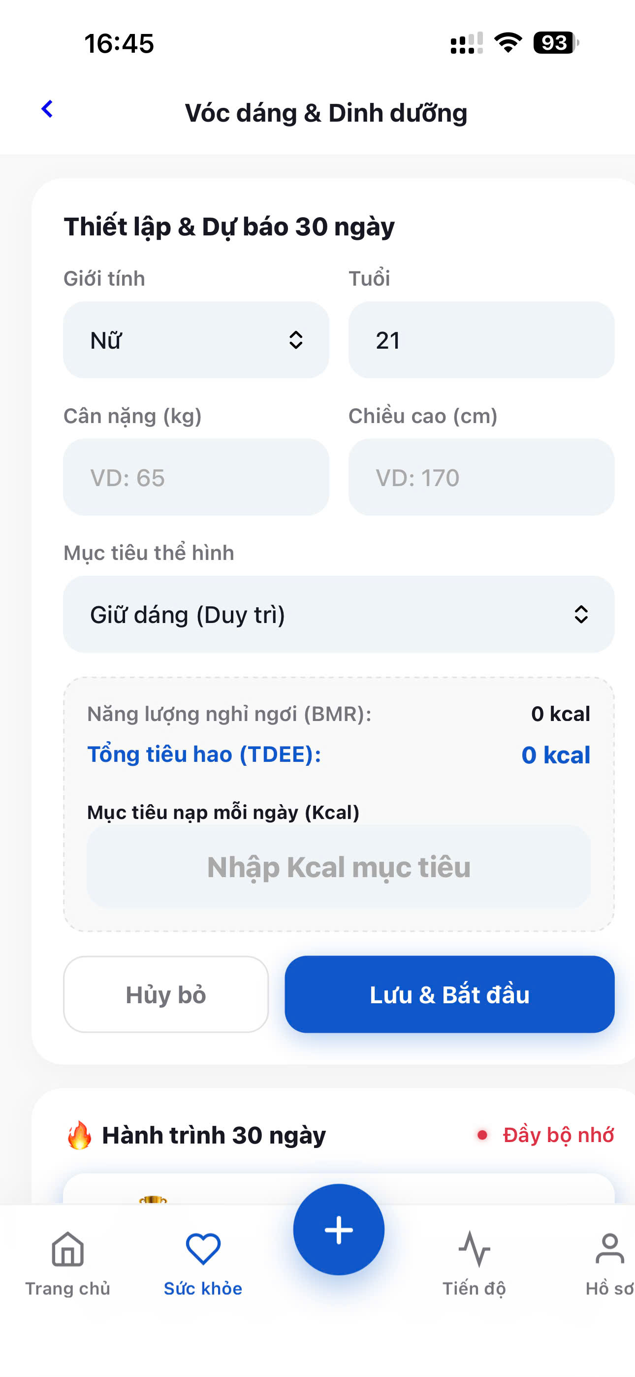 Giao diện thiết lập thông số cơ thể và dự báo mục tiêu cân nặng trên ứng dụng Nowhenho