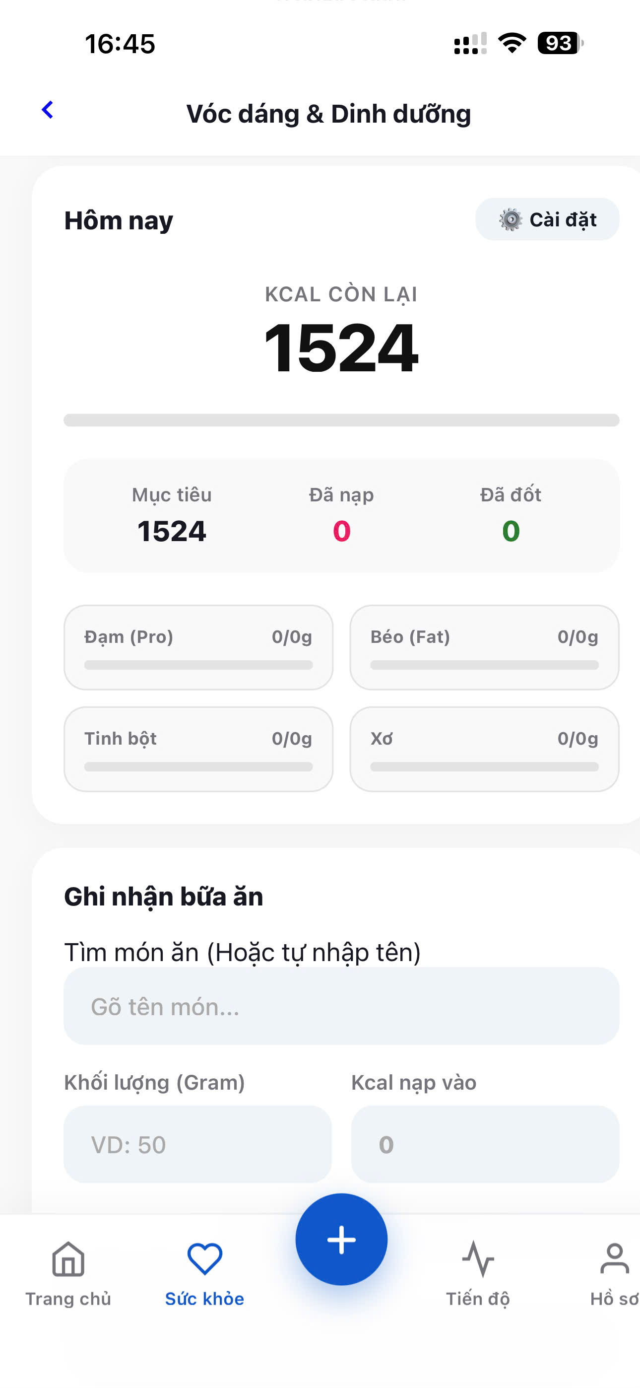 Trang tổng quan hiển thị ngân sách calo còn lại trong ngày và tiến độ mục tiêu
