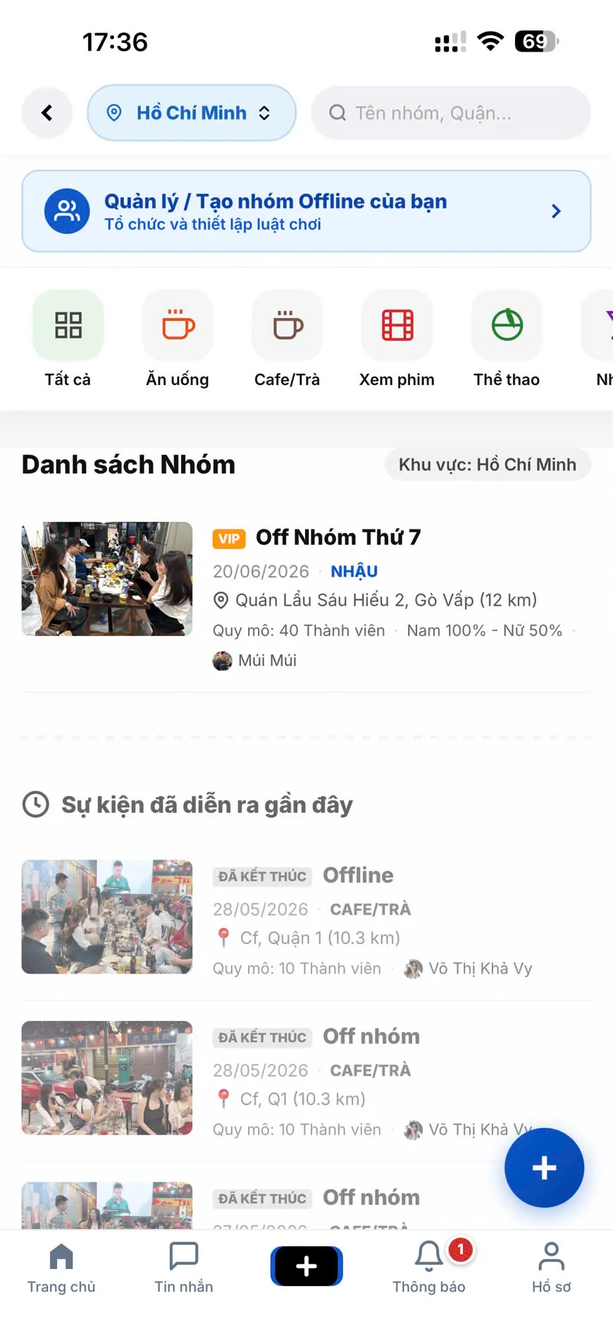 Giao diện danh sách các nhóm offline trên Nowhenho