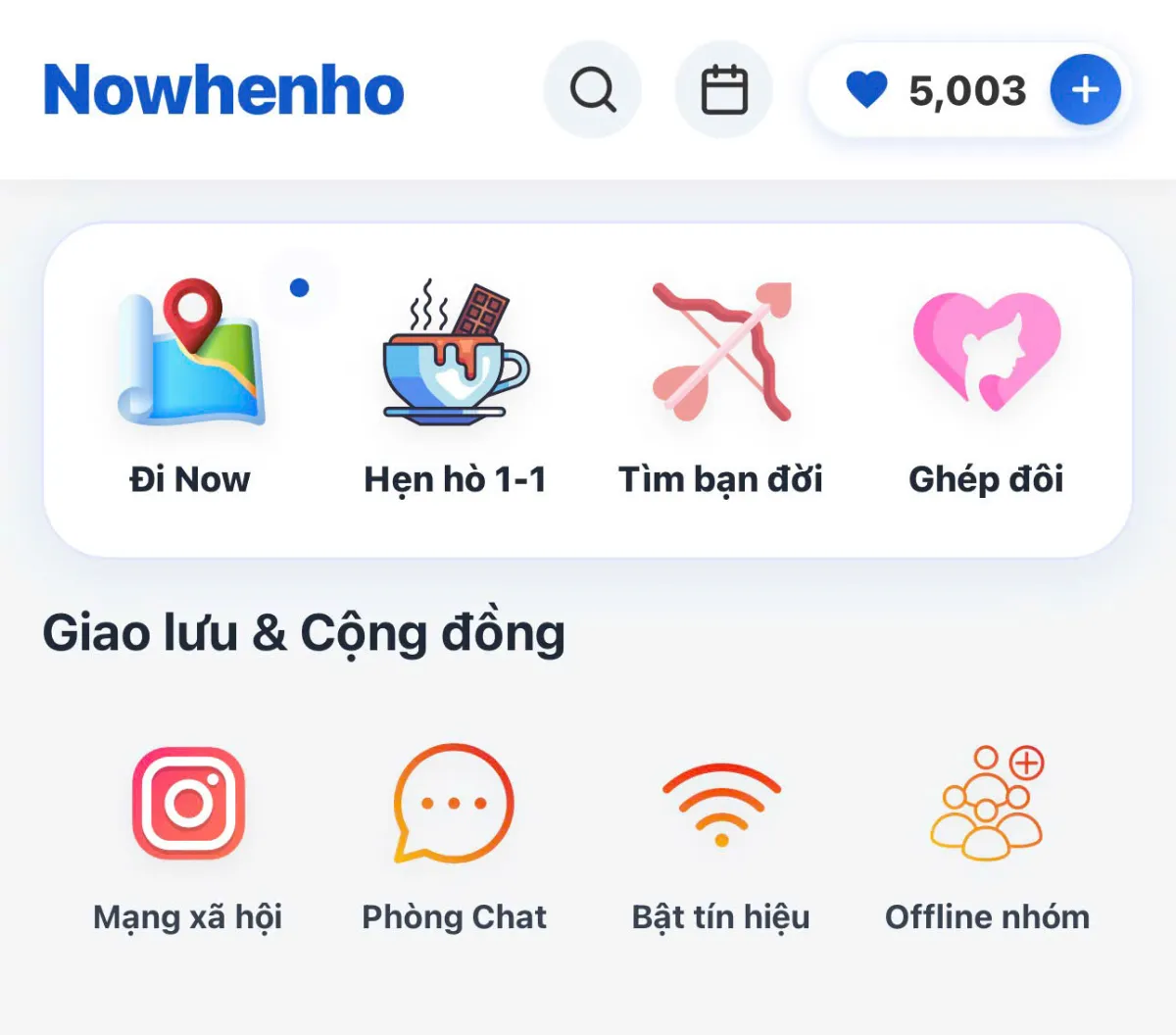 Giao diện các tính năng kết nối đa chiều trên nền tảng bao gồm đi Now, mạng xã hội, phòng chat và offline nhóm