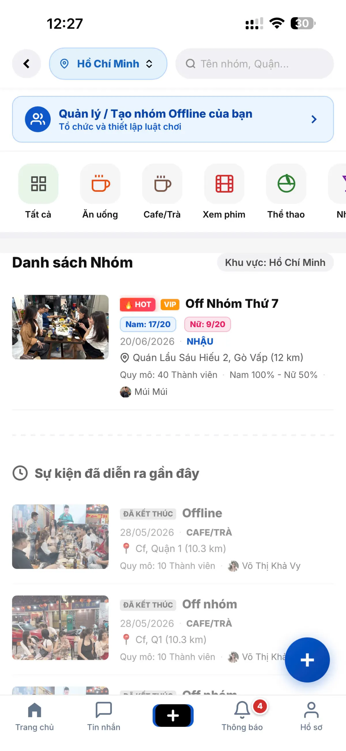 Giao diện danh sách nhóm Offline hiển thị minh bạch tỷ lệ nam nữ và chi phí trên Nowhenho