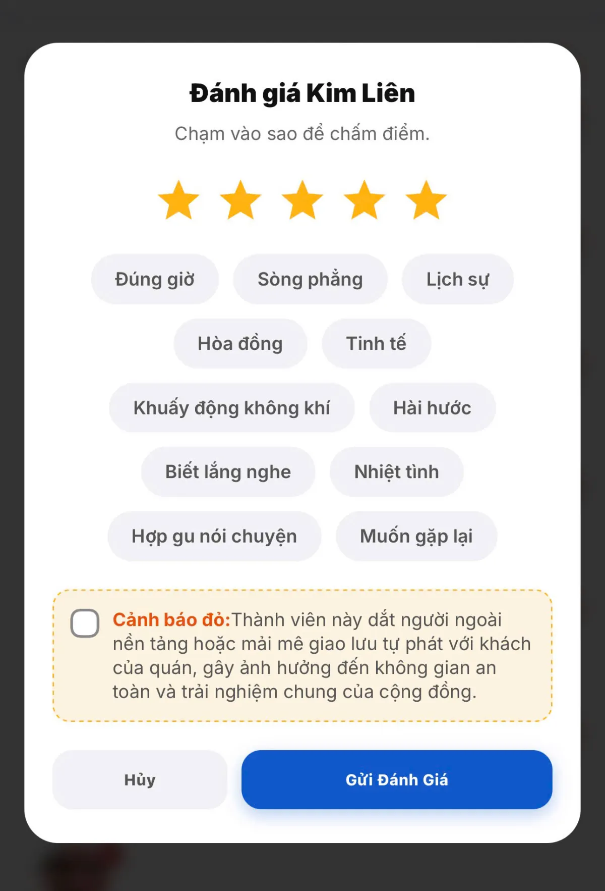 Giao diện đánh giá thành viên sau buổi offline với các tiêu chí chi tiết