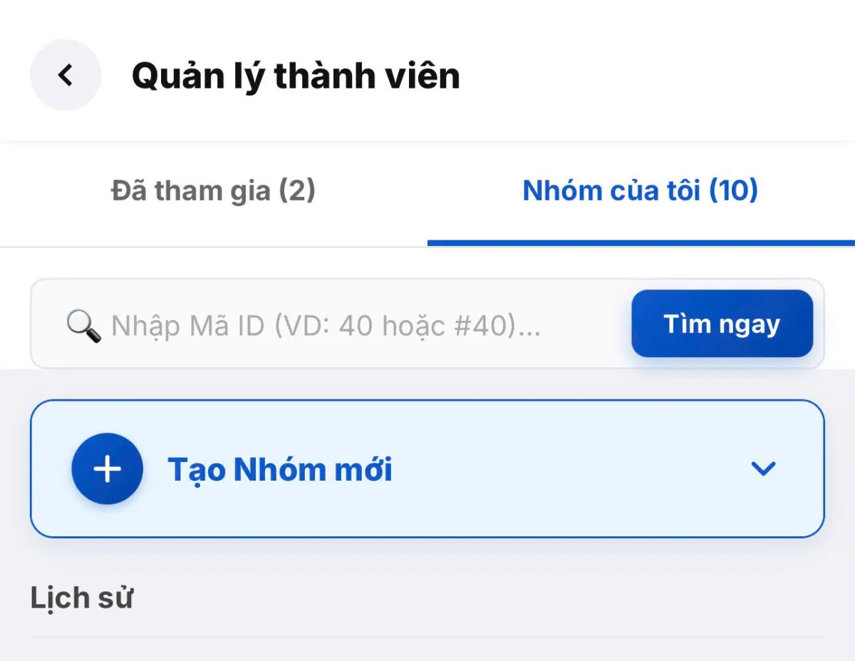 Thao tác bấm nút Tạo nhóm mới trên ứng dụng