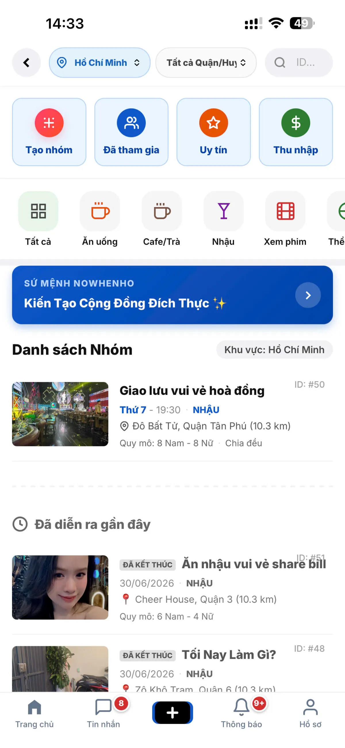 Giao diện trang chủ Nowhenho với mục Danh sách Nhóm