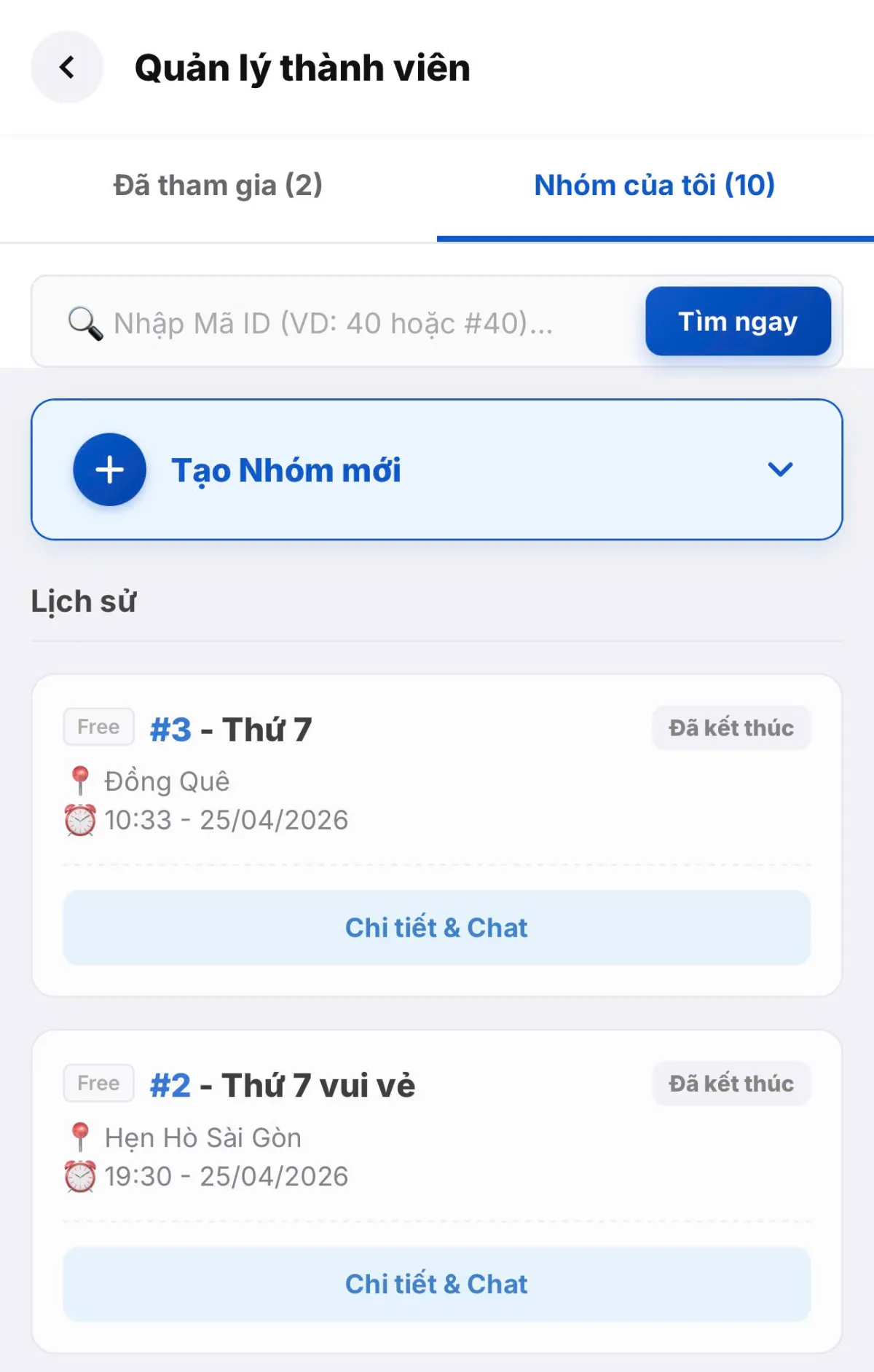Giao diện quản lý các nhóm đã tạo trong mục Nhóm của tôi