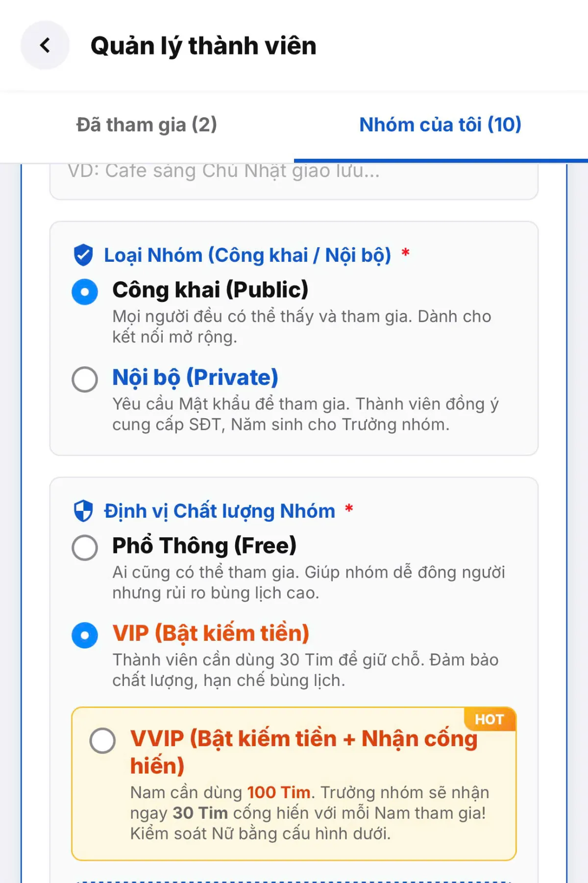 Tùy chọn định vị chất lượng nhóm VIP để bật kiếm tiền