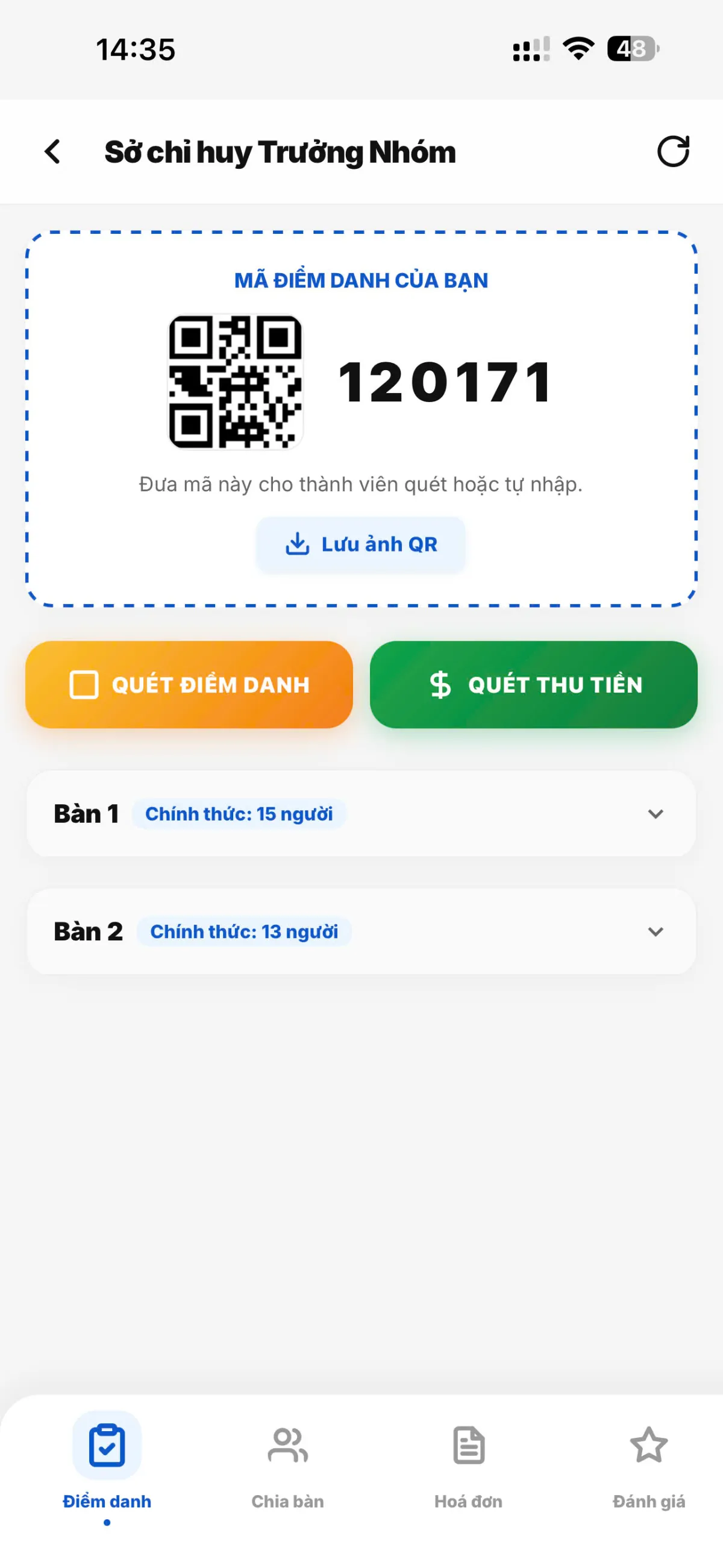 Mã điểm danh quét QR dành cho quản trị viên