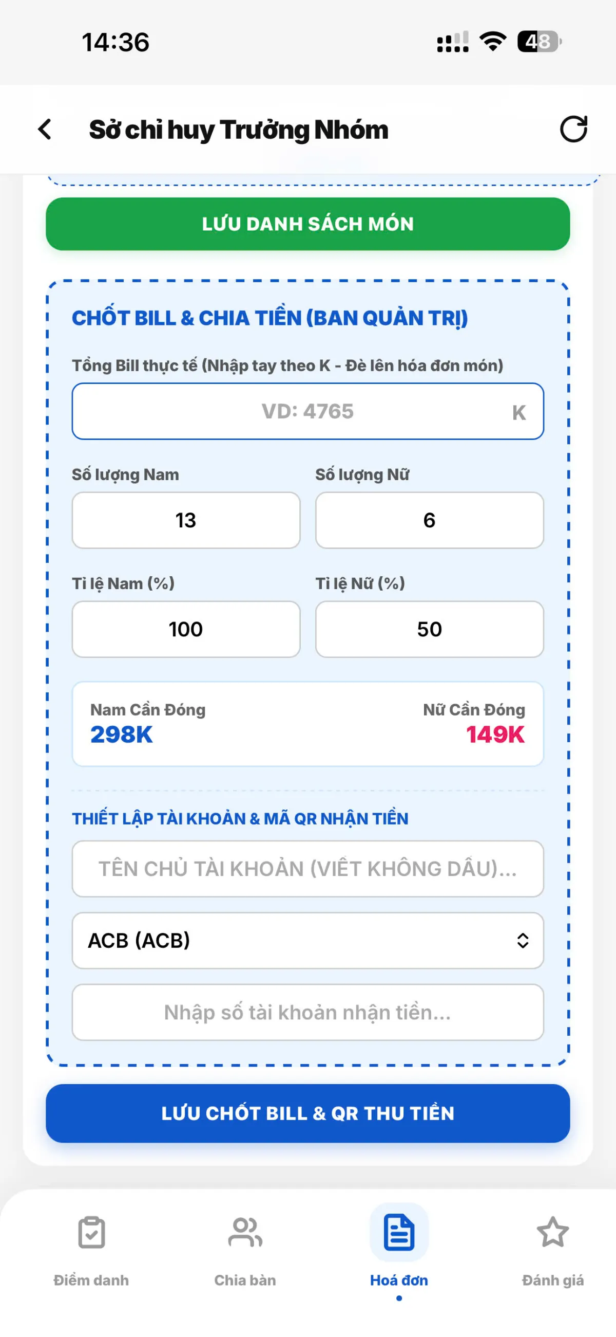 Trình chốt bill và tự động hiển thị mã VietQR thu tiền