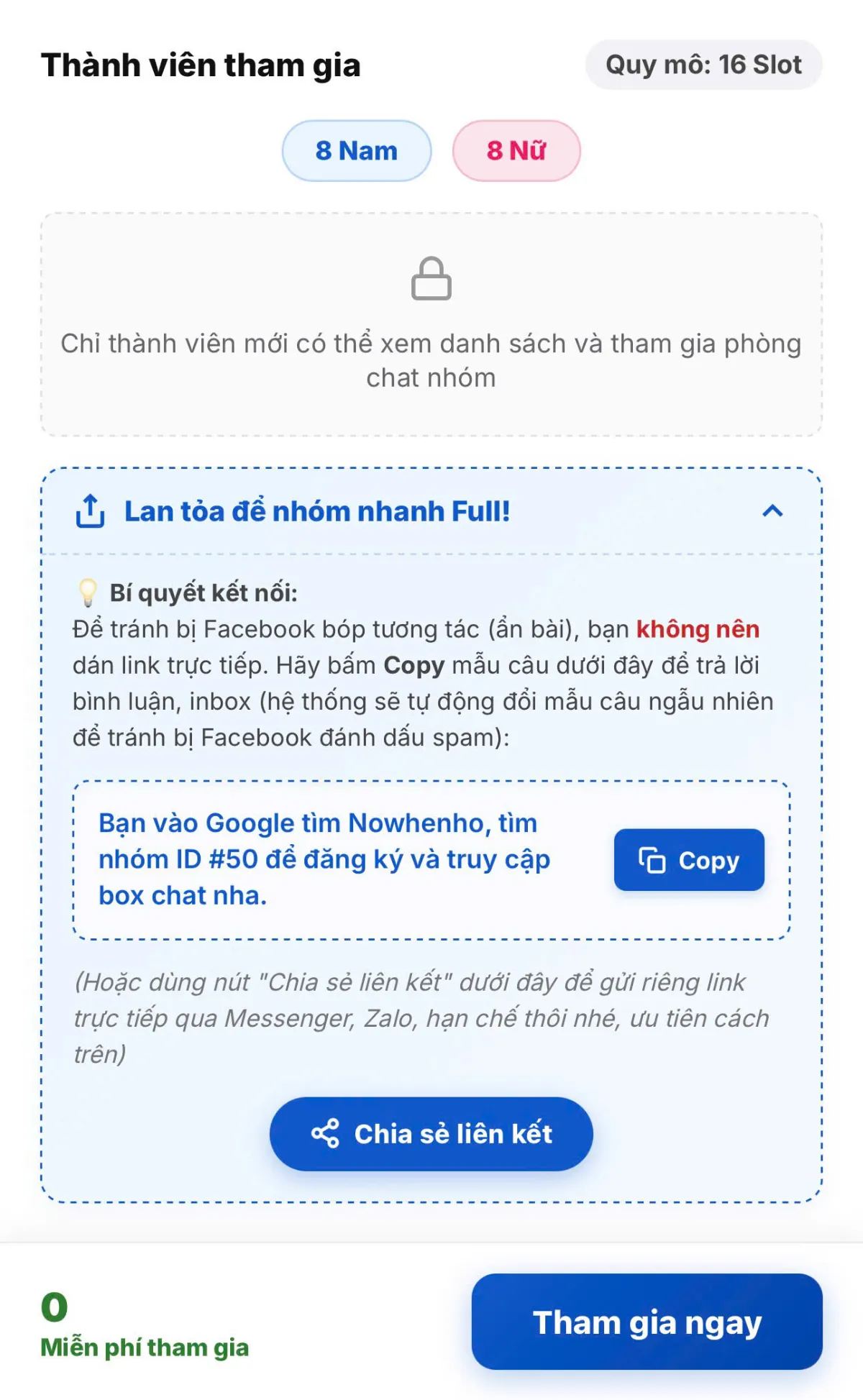 Cung cấp mã ID nhóm để thành viên dễ dàng tìm kiếm