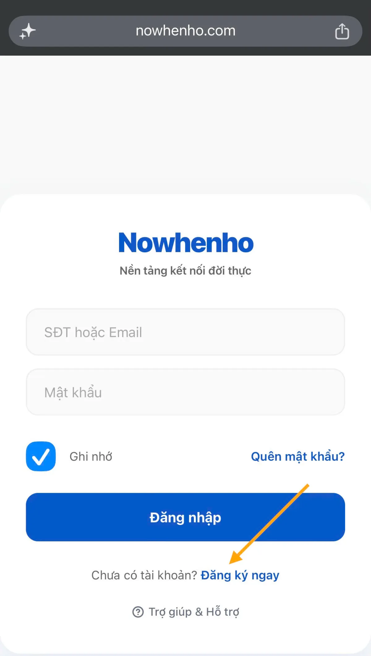 Tùy chọn đăng ký ngay ở phần dưới khung đăng nhập