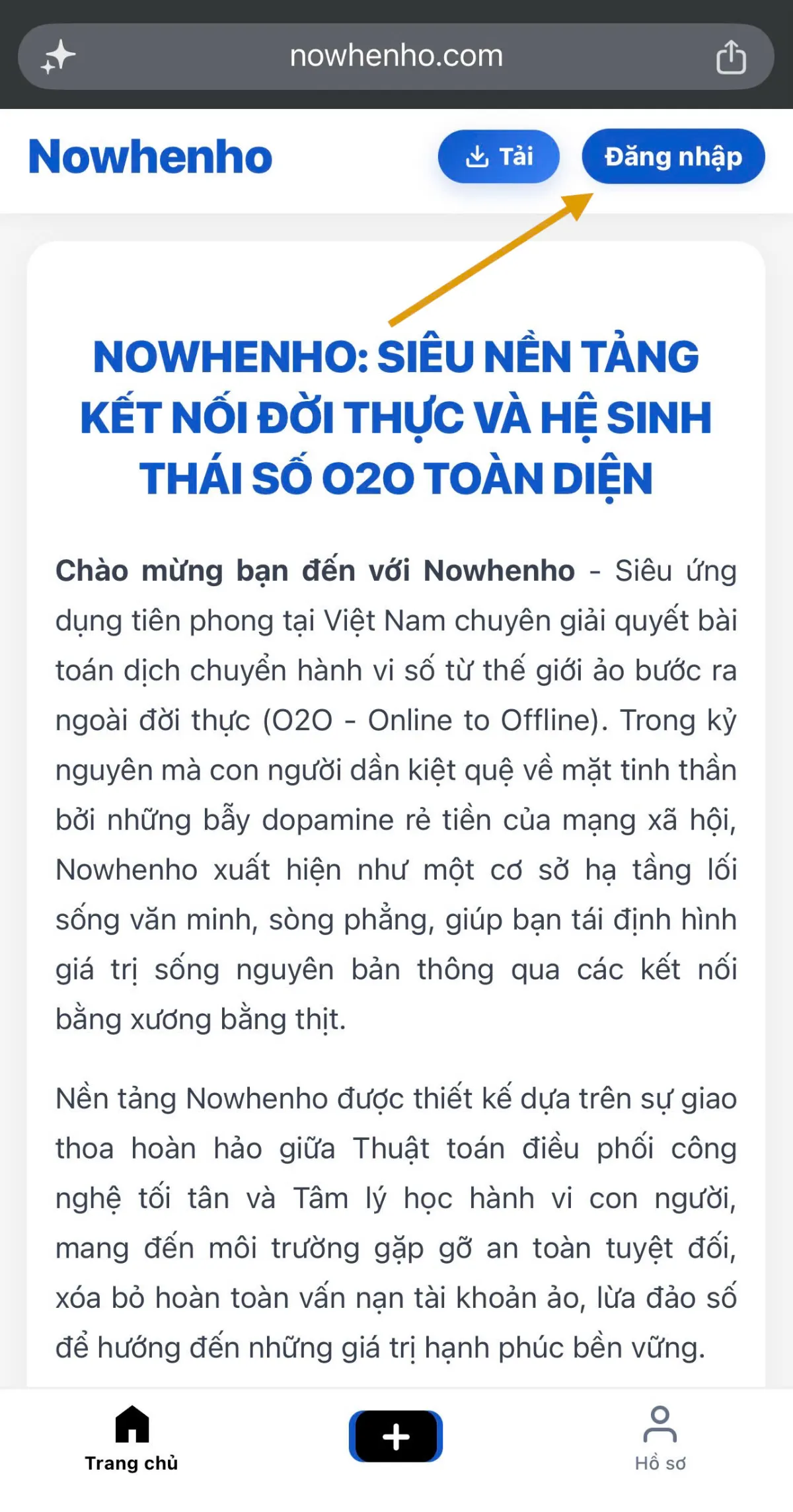 Nút đăng nhập tại giao diện trang chủ Nowhenho