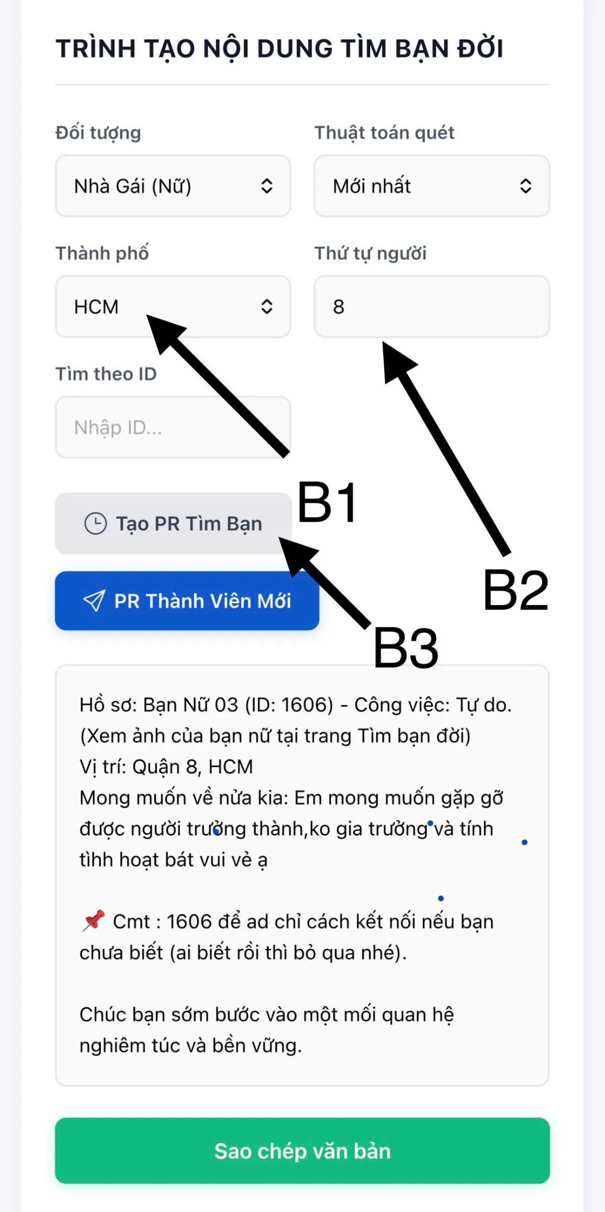 Giao diện trình tạo nội dung Tìm bạn đời tự động