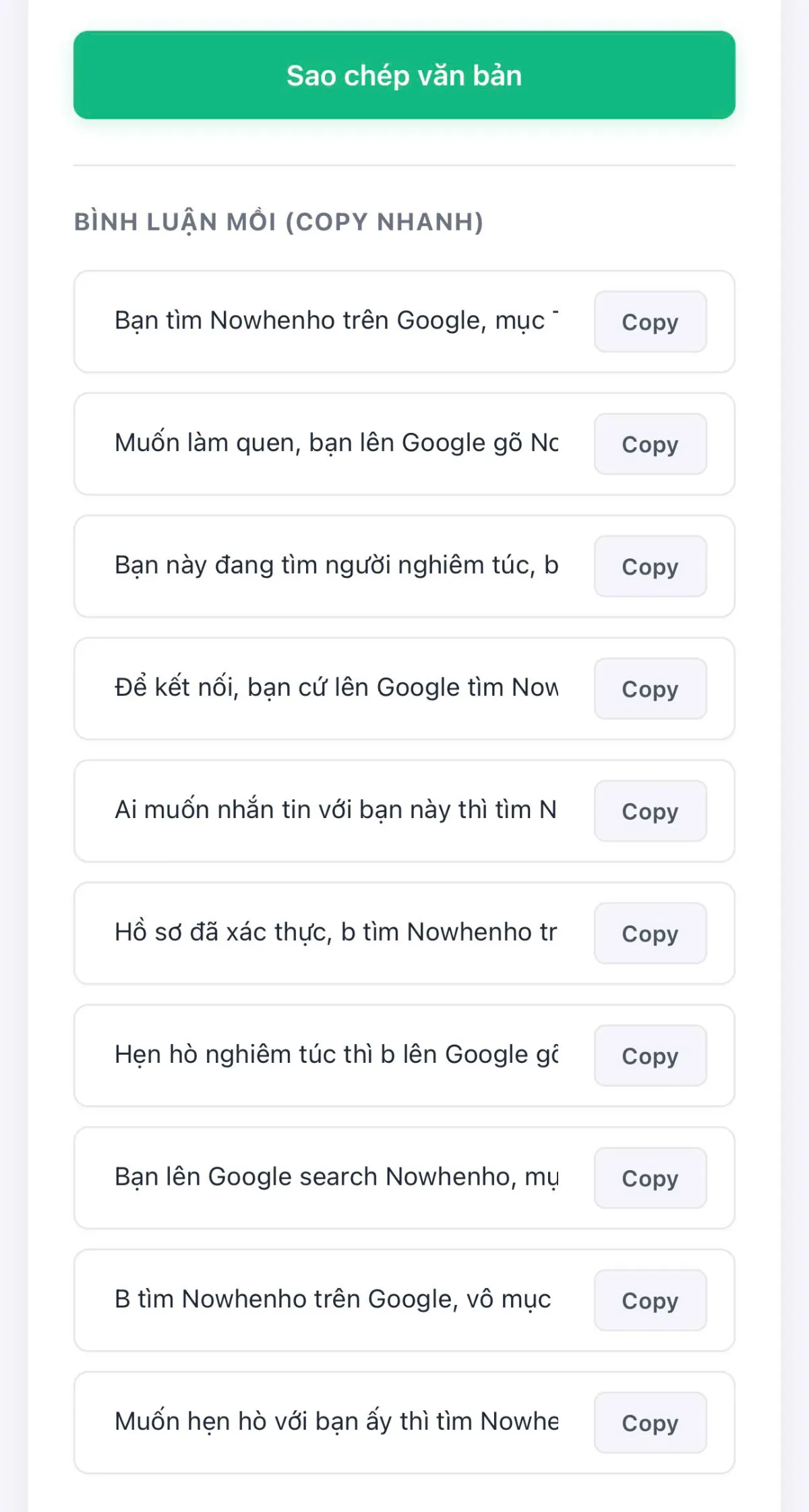 Danh sách các câu bình luận mồi dùng để phản hồi nhanh