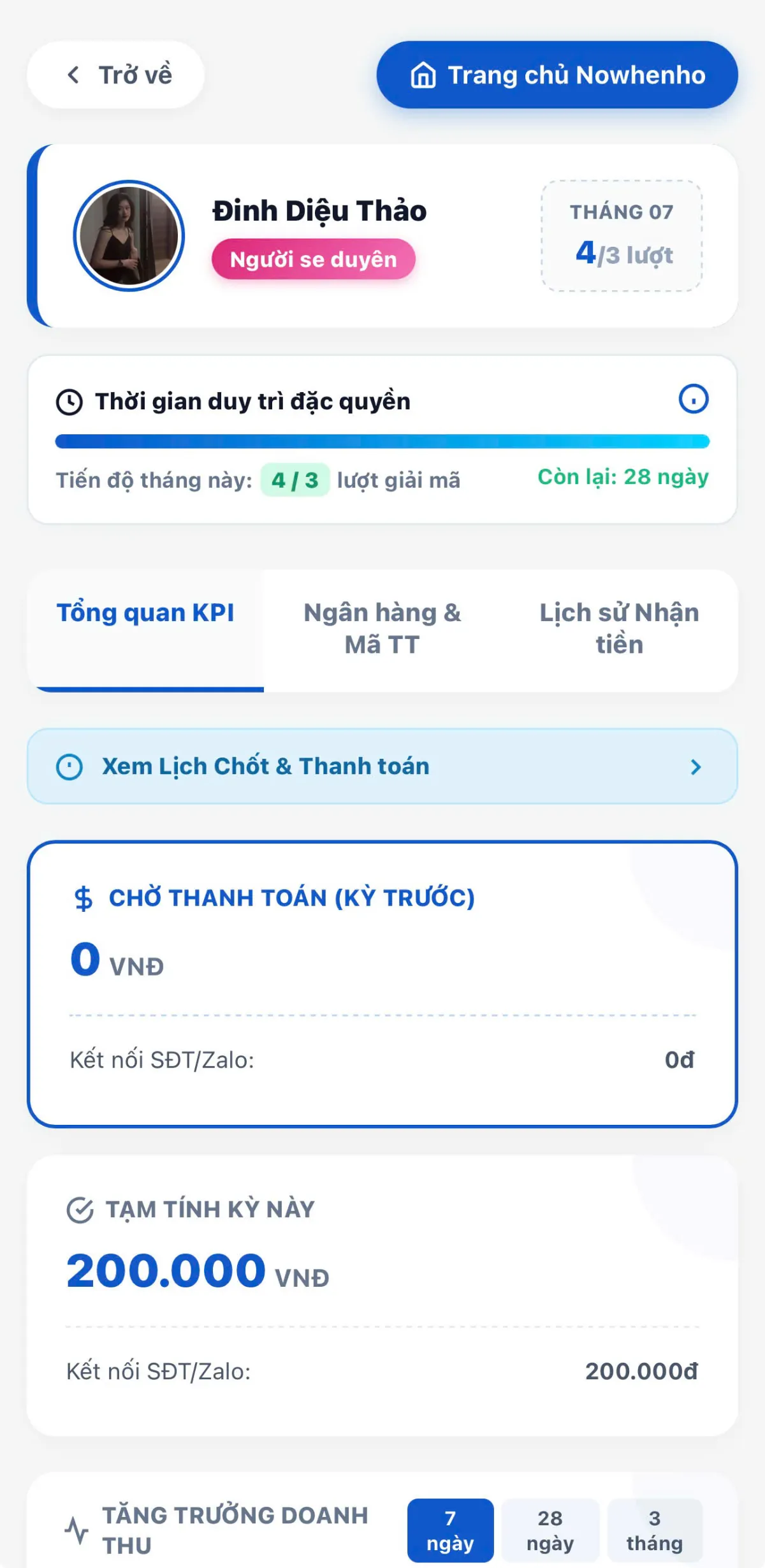 Giao diện thống kê doanh thu và kết quả công việc