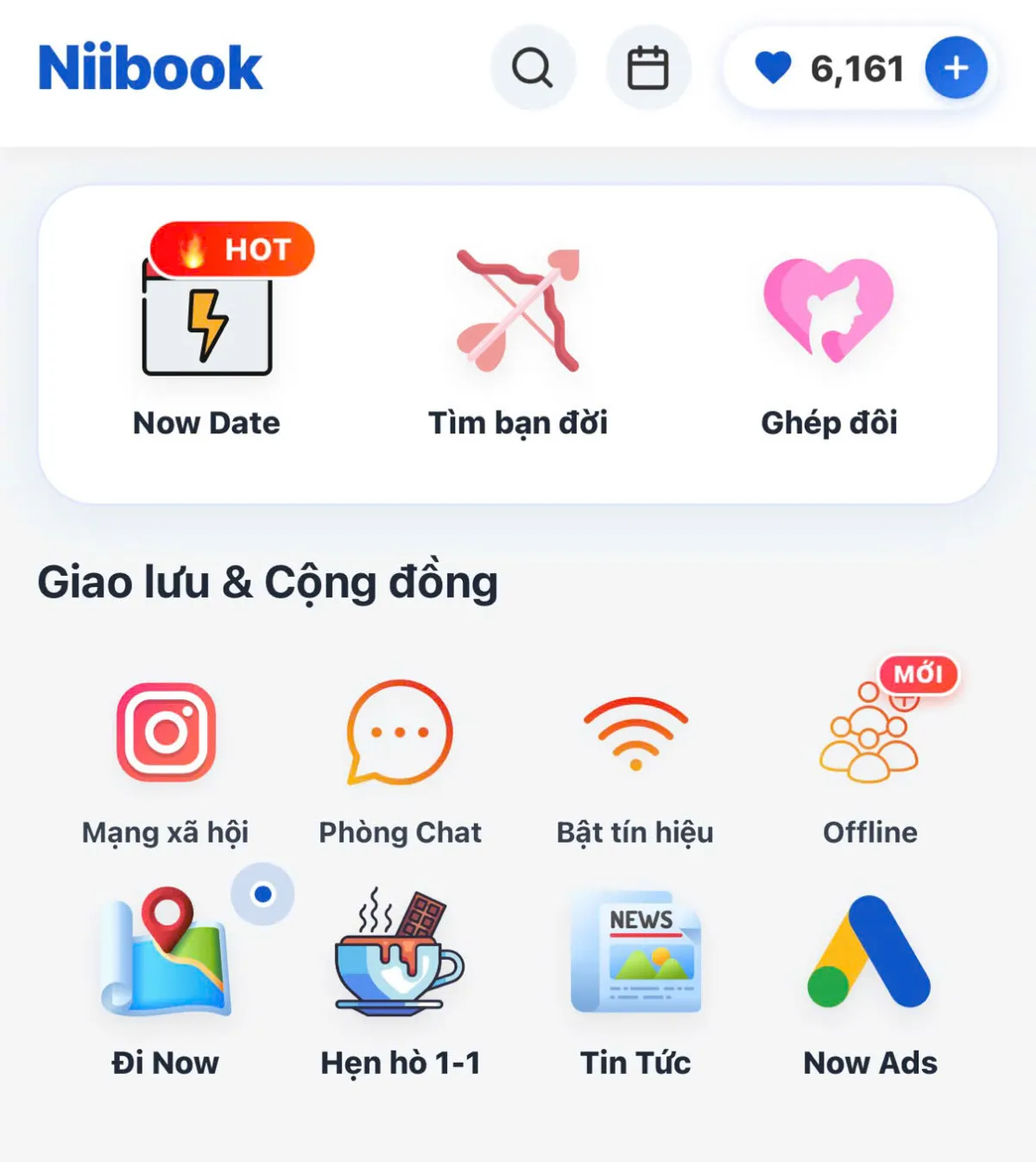 Giao diện tính năng Offline và các dịch vụ cộng đồng trên ứng dụng hẹn hò Niibook