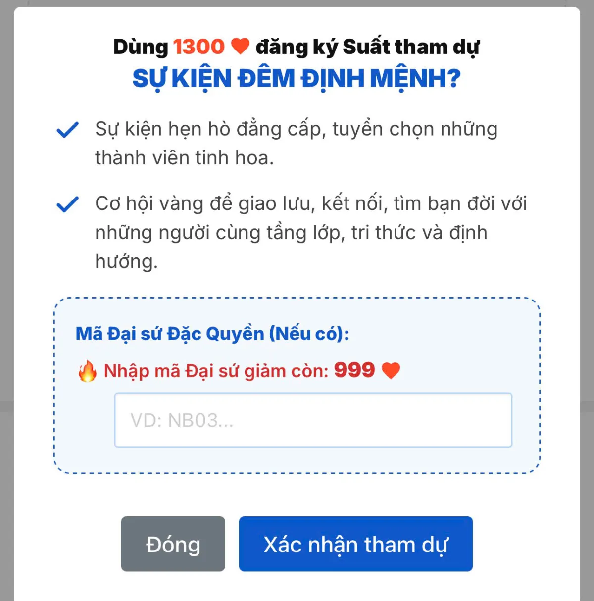 Giao diện nhập mã đại sứ đặc quyền giảm giá khi đăng ký Đêm Định Mệnh