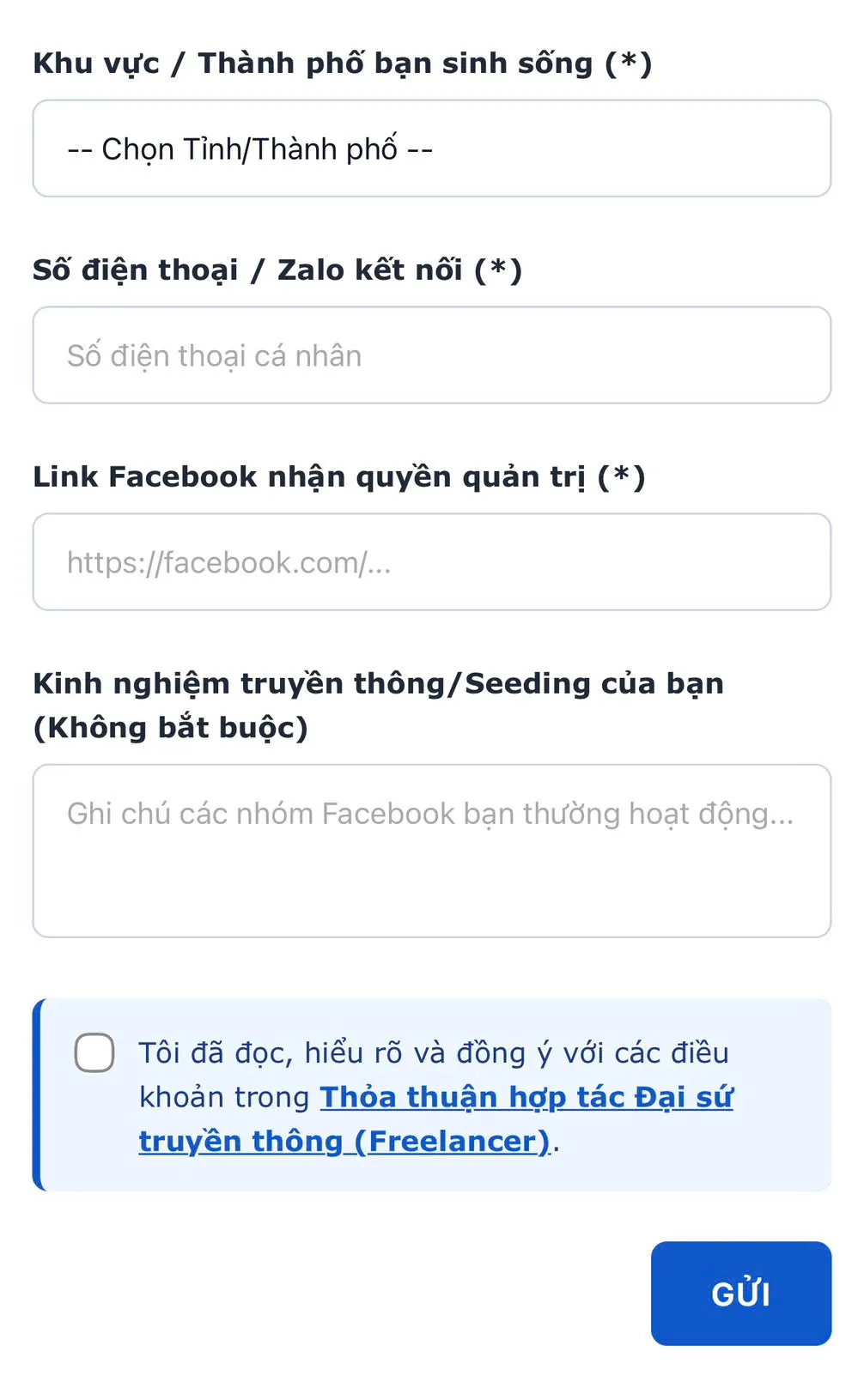 Biểu mẫu đăng ký trở thành Đại sứ Truyền thông nhanh chóng trực tiếp trên ứng dụng