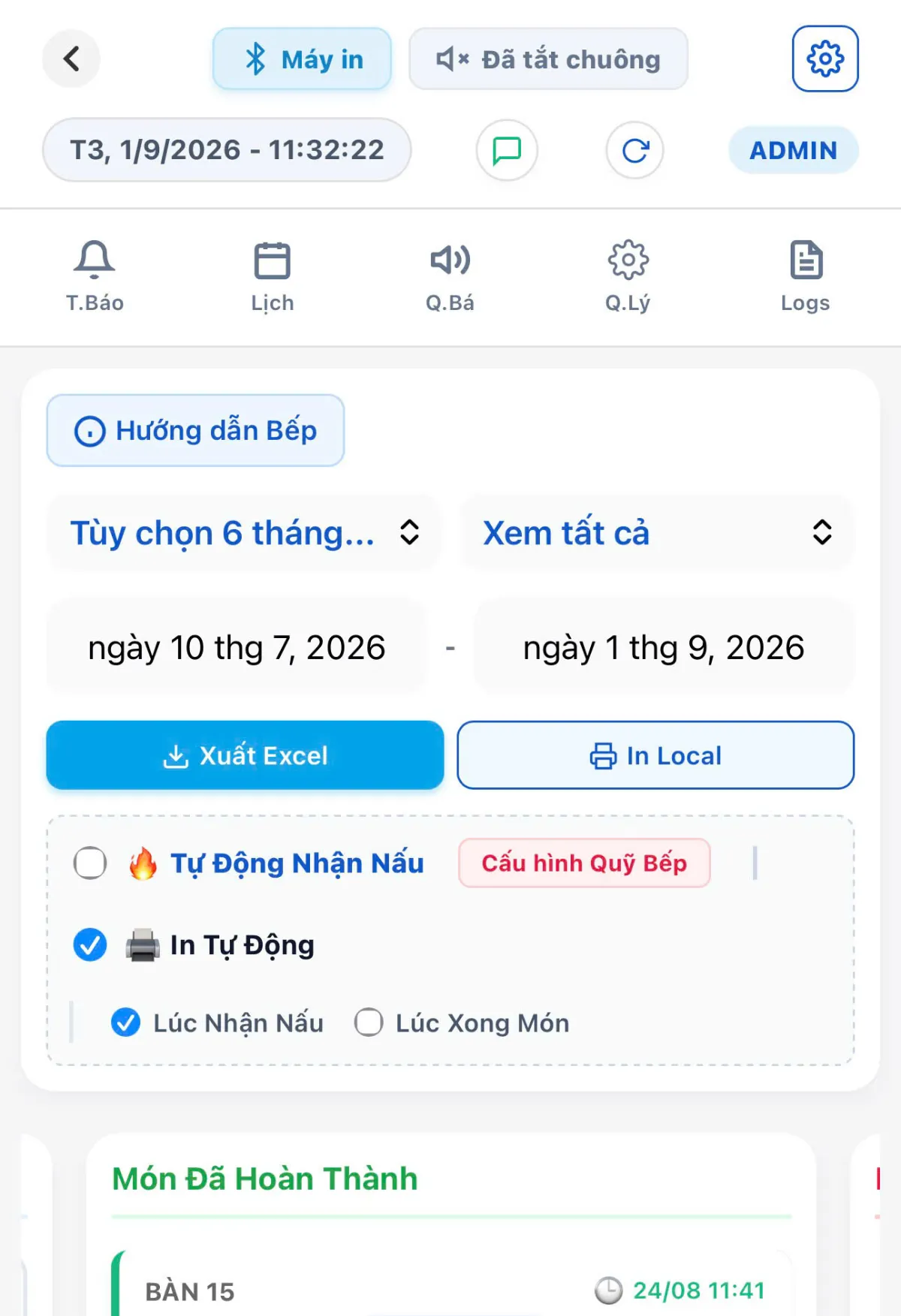 Giao diện quản lý xuất báo cáo số liệu của nhà bếp